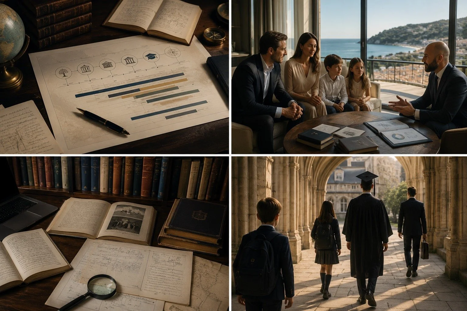 Collage of four images: top left shows a desk with papers, books, and a globe; top right features a business meeting in a modern office with a view of the sea; bottom left displays a library or study with old books, documents, and a magnifying glass; bottom right depicts students and a teacher walking through a historic campus archway.