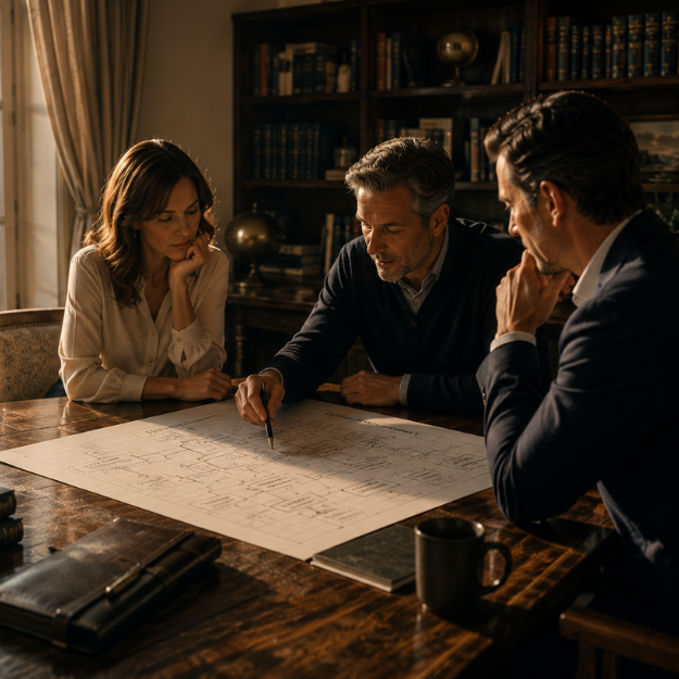 Parents and education adviser reviewing a personalised long-term education plan together