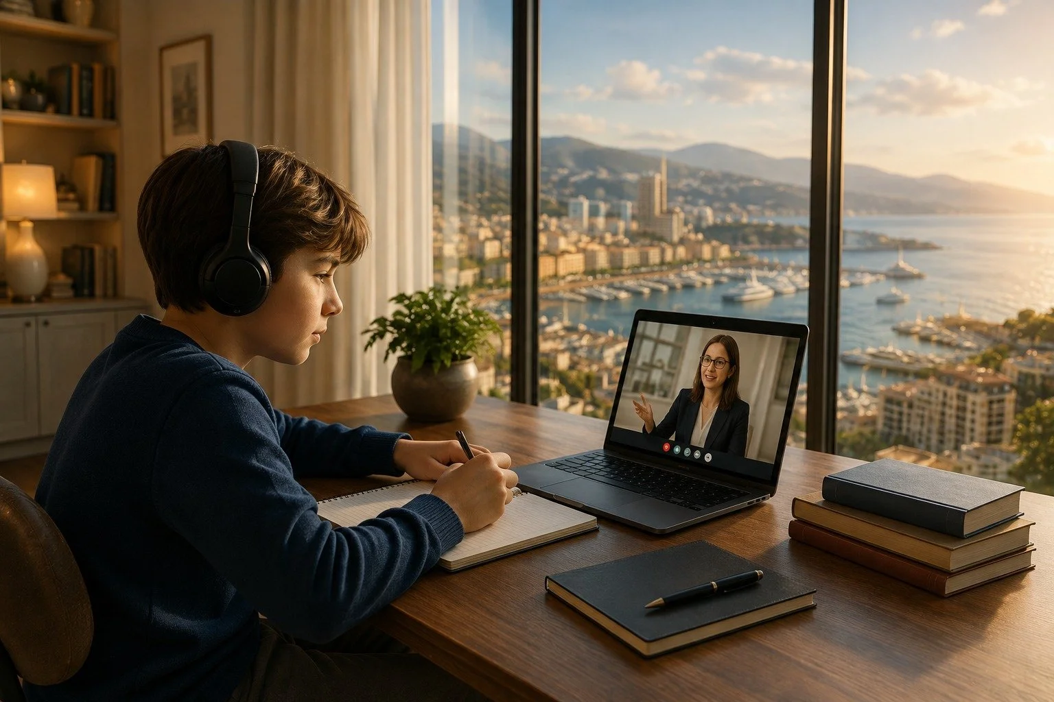 Student studying online with a tutor while learning from home in a Mediterranean setting