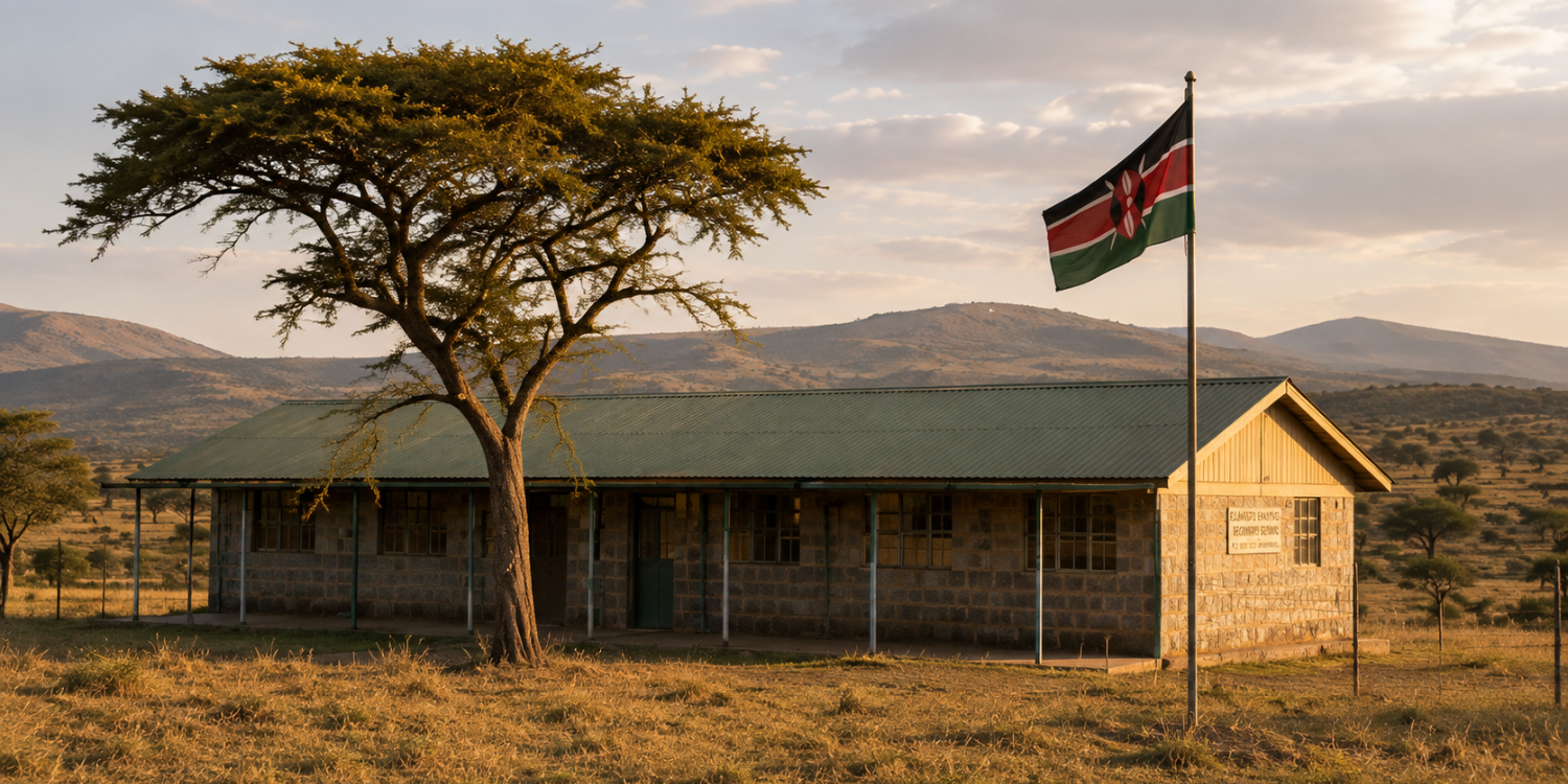 School in the Maasai Mara with the Kenyan flag and surrounding landscape