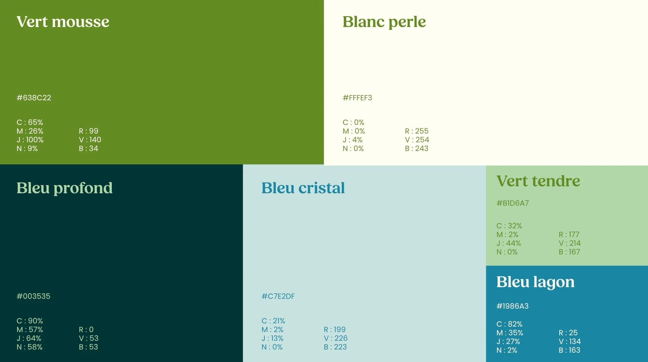 Palette de couleurs inspirée de la nature pour une identité liée au vitrail.