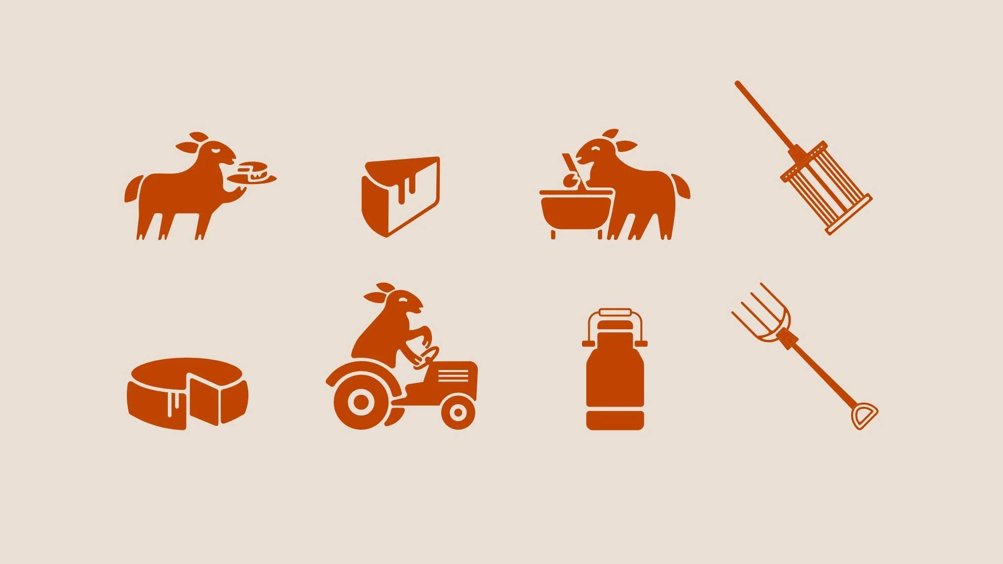 Illustration d'icônes agricoles en marron sur fond beige, incluant une chèvre avec un plateau, un morceau de fromage, une chèvre avec un ordinateur, des outils agricoles (une cage, une fourche, une motte de beurre, un tracteur, un liquide en bouteille, un râteau).