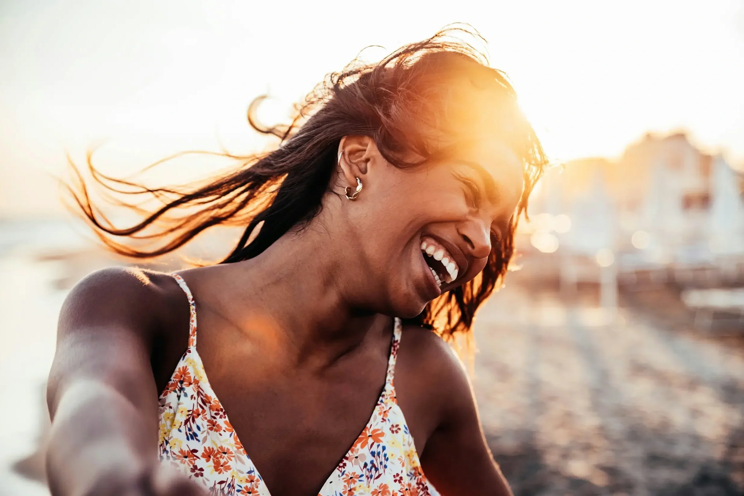 Empowered female client post-treatment at Portland-area craniosacral practice