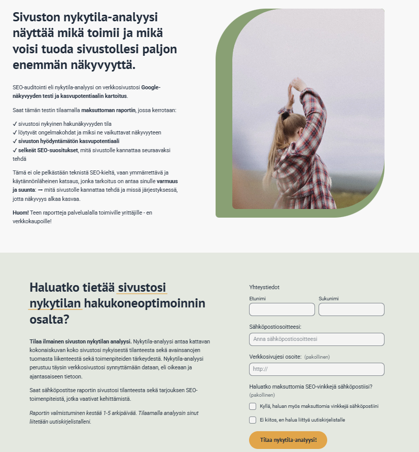 Kuvakaappaus SEO Palvelut Sarita Peltoniemen verkkosivuista, jossa on esitelty toimiva liidimagneetti.