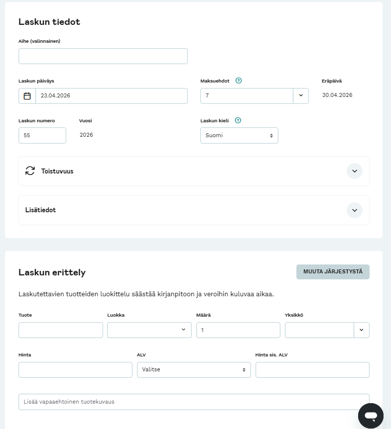 Holvi laskutuspalvelun laskutus-näkymä.