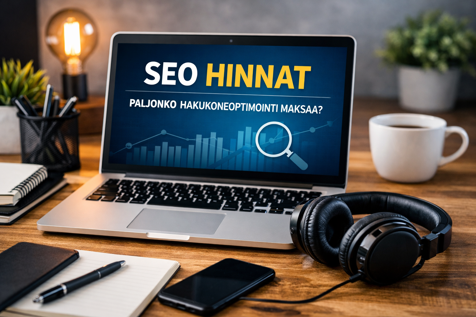 Läppärin näytöllä "SEO hinnat - paljonko hakukoneoptimointi maksaa?"