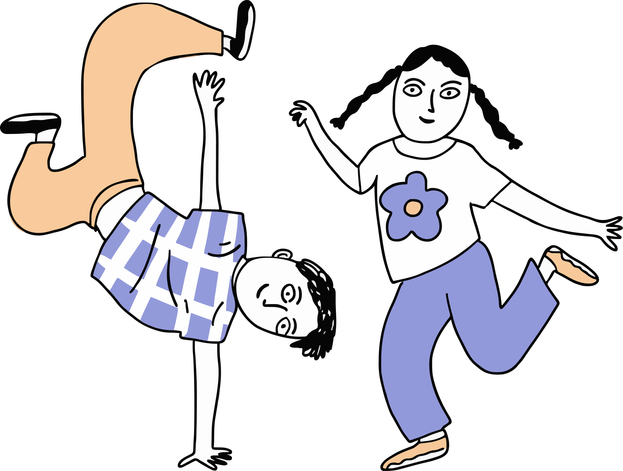 Three smiling children playing, with two girls and a boy. One girl is upside down, and another girl is standing with arms outstretched. The boy is walking, wearing a T-shirt with a flower design.