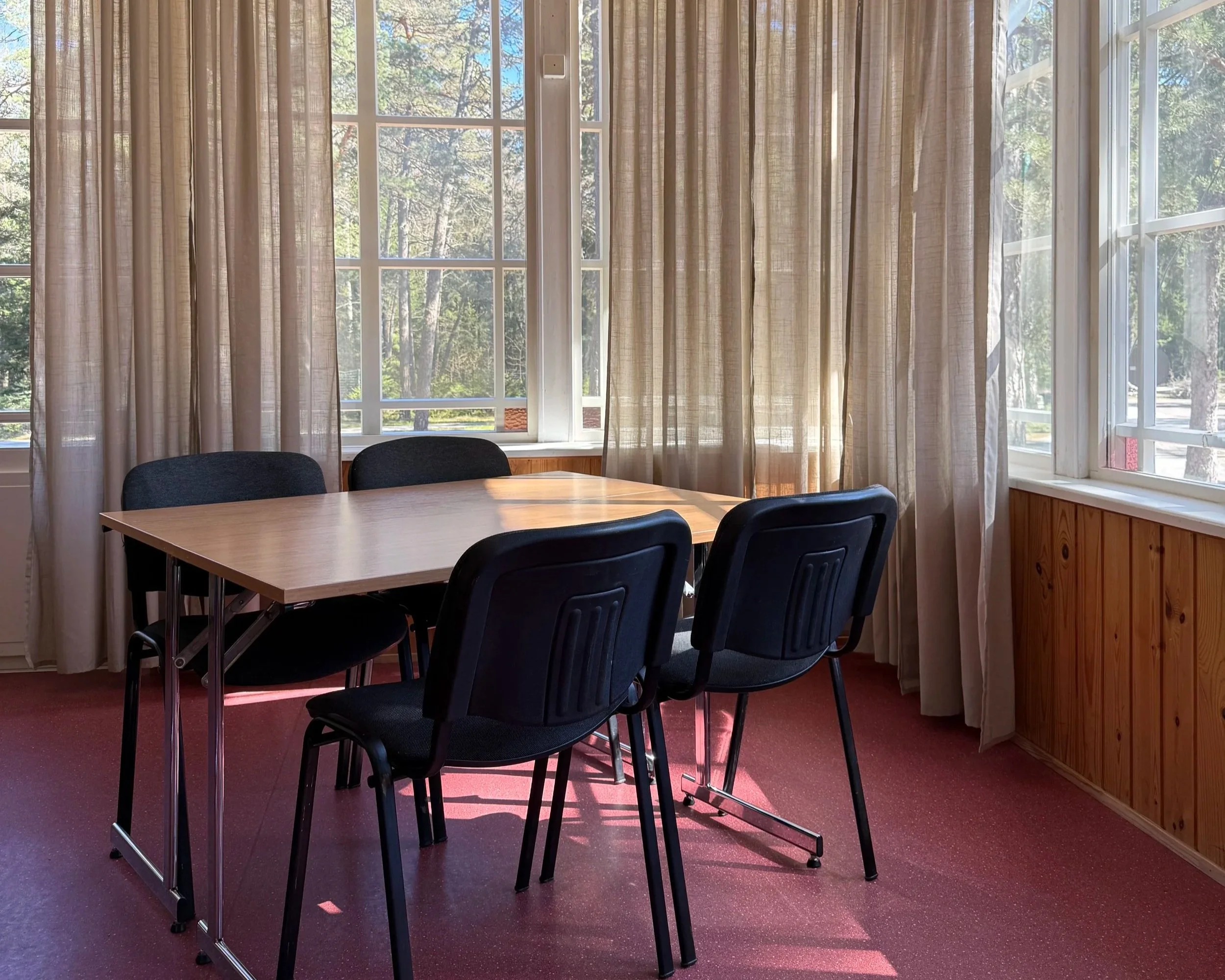Interior of a room with a wooden table and black chairs, large windows with beige curtains, trees visible outside, sunlight casting shadows on a red carpeted floor.