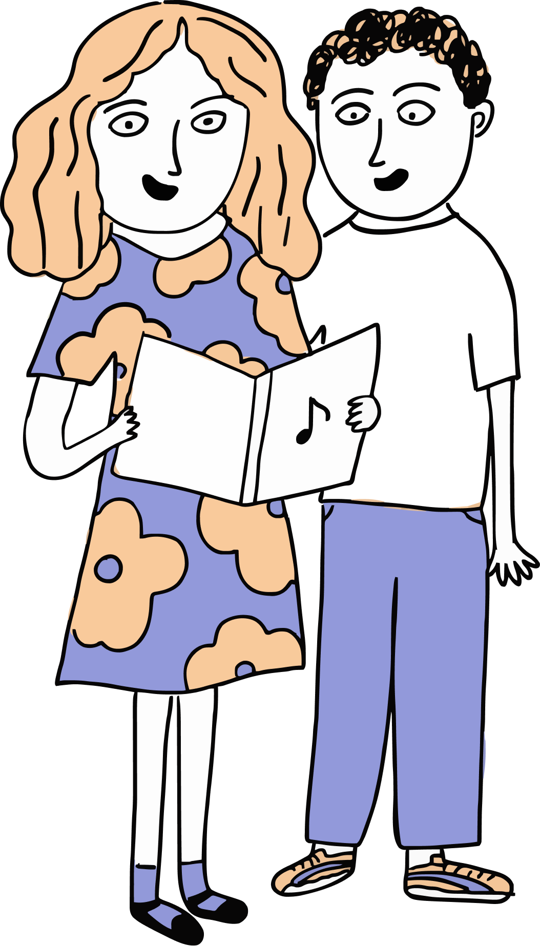 Drawing of a man and woman singing together, holding song lyrics with musical notes on the cover.