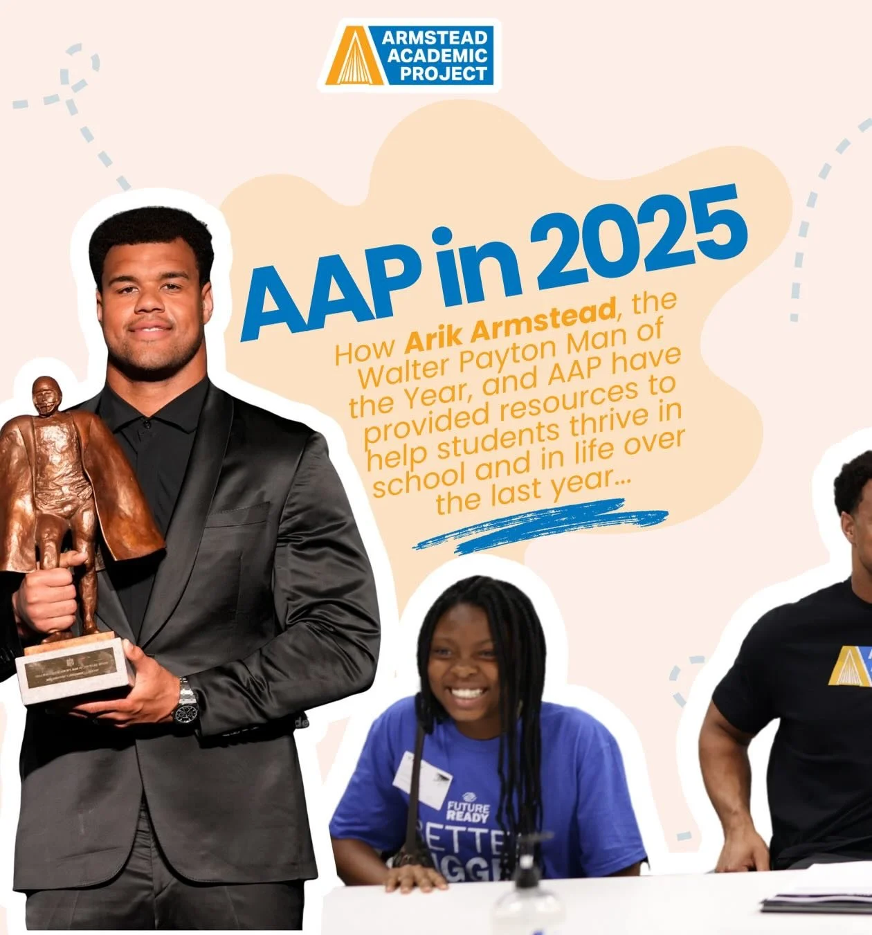 Since winning the Walter Payton Man of the Year award, @arikarmstead and AAP haven&rsquo;t slowed down. The work to provide resources to help students thrive in school and in life continues in full force! 📚