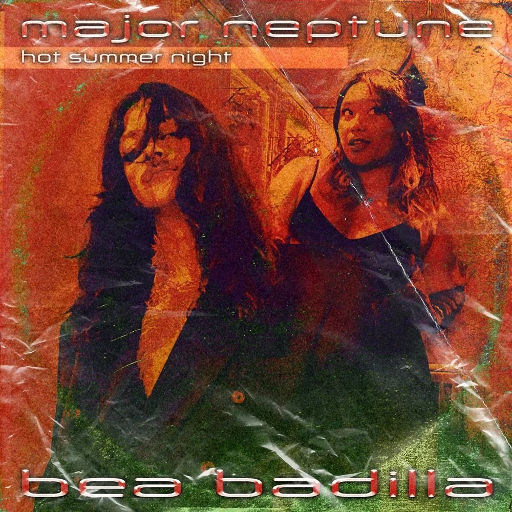 Album cover titled "Hot Summer Night" by Major Neptune and Bea Badilla, featuring two women posing with a warm reddish-orange background and a textured, distressed appearance.