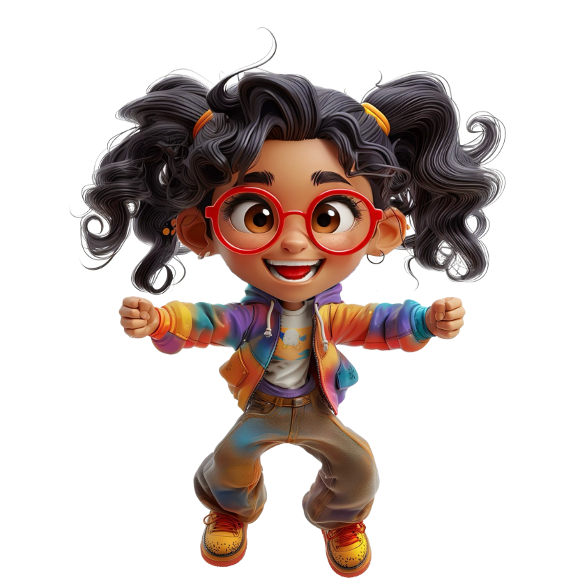 Ein fröhliches Kinder-Avatar mit lockigem schwarzen Haar, roten Brillen, buntem Hoodie, Jeans und bunten Schuhen.