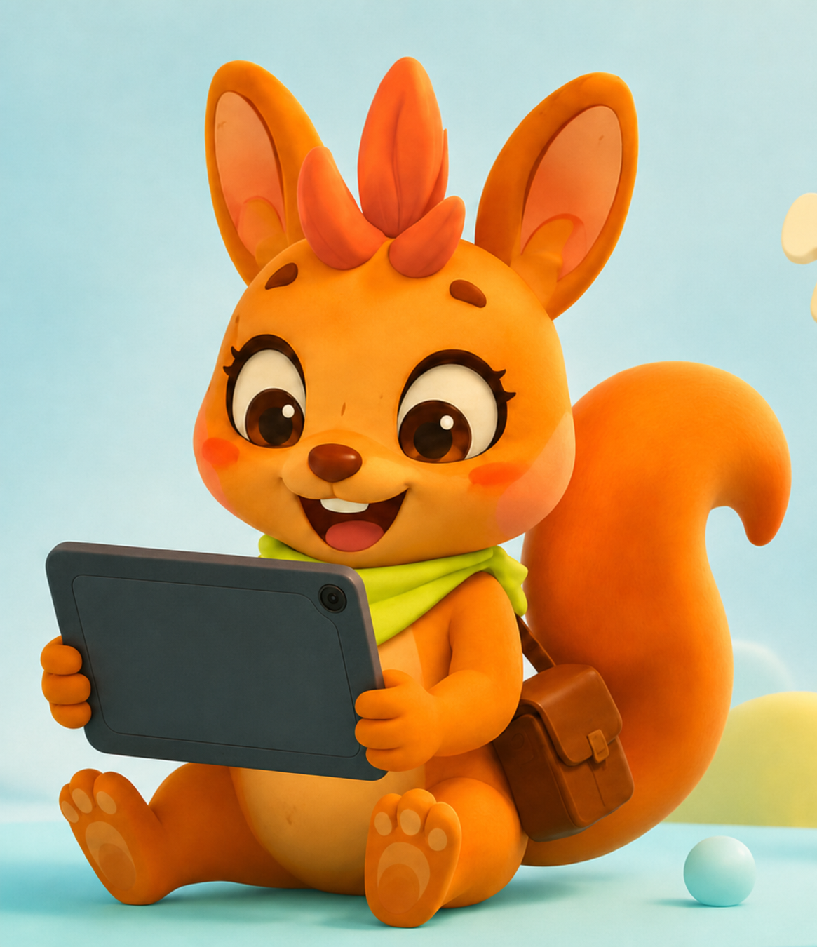 Eine animierte Eichhörnchen-Figur mit großen Augen, die ein Tablet hält, vor einem hellblauen Hintergrund.