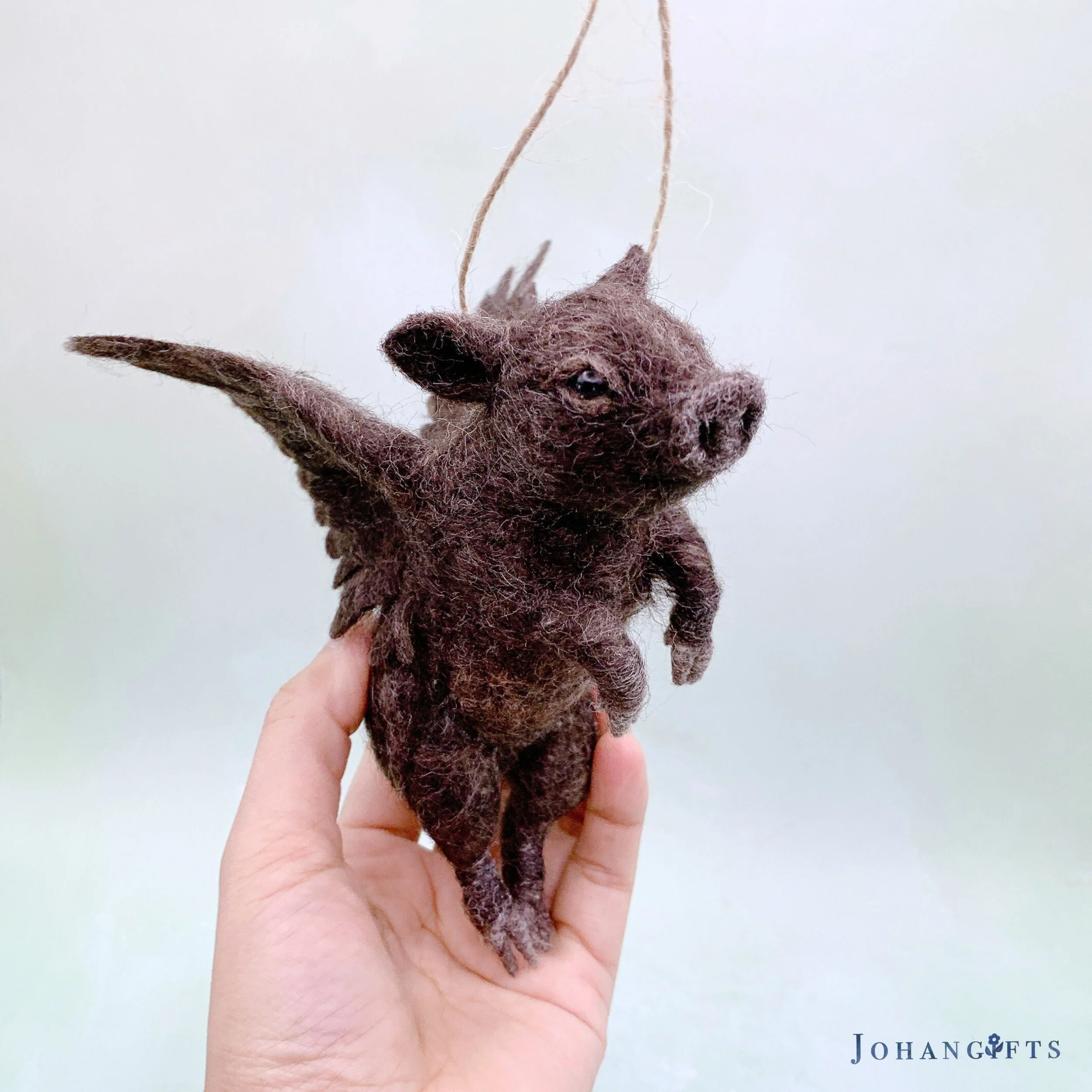 Brown Pigasus | Needle Felted Flying Pig Wool Sculpture
