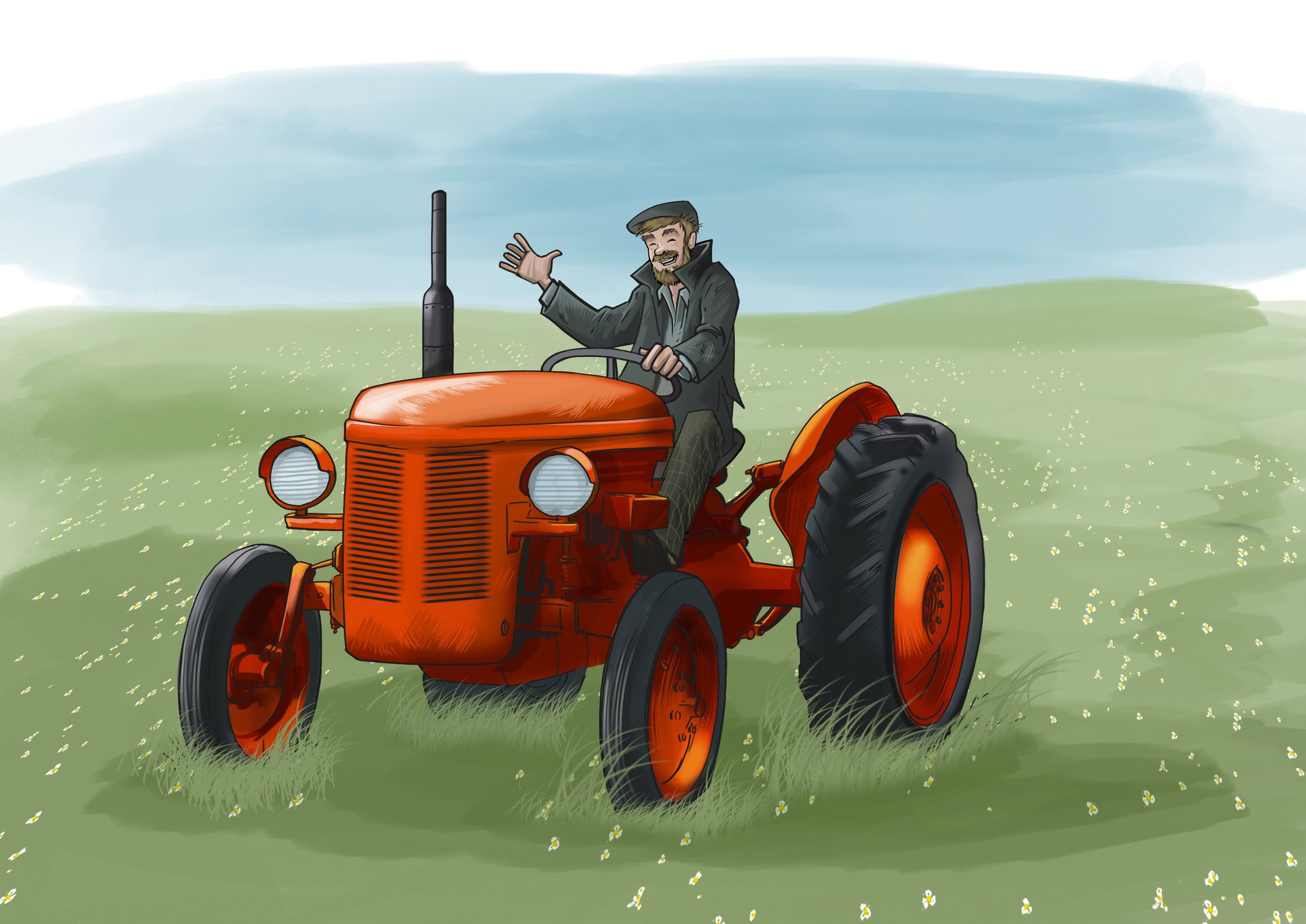 Illustration of a man on an orange tractor in a grassy field