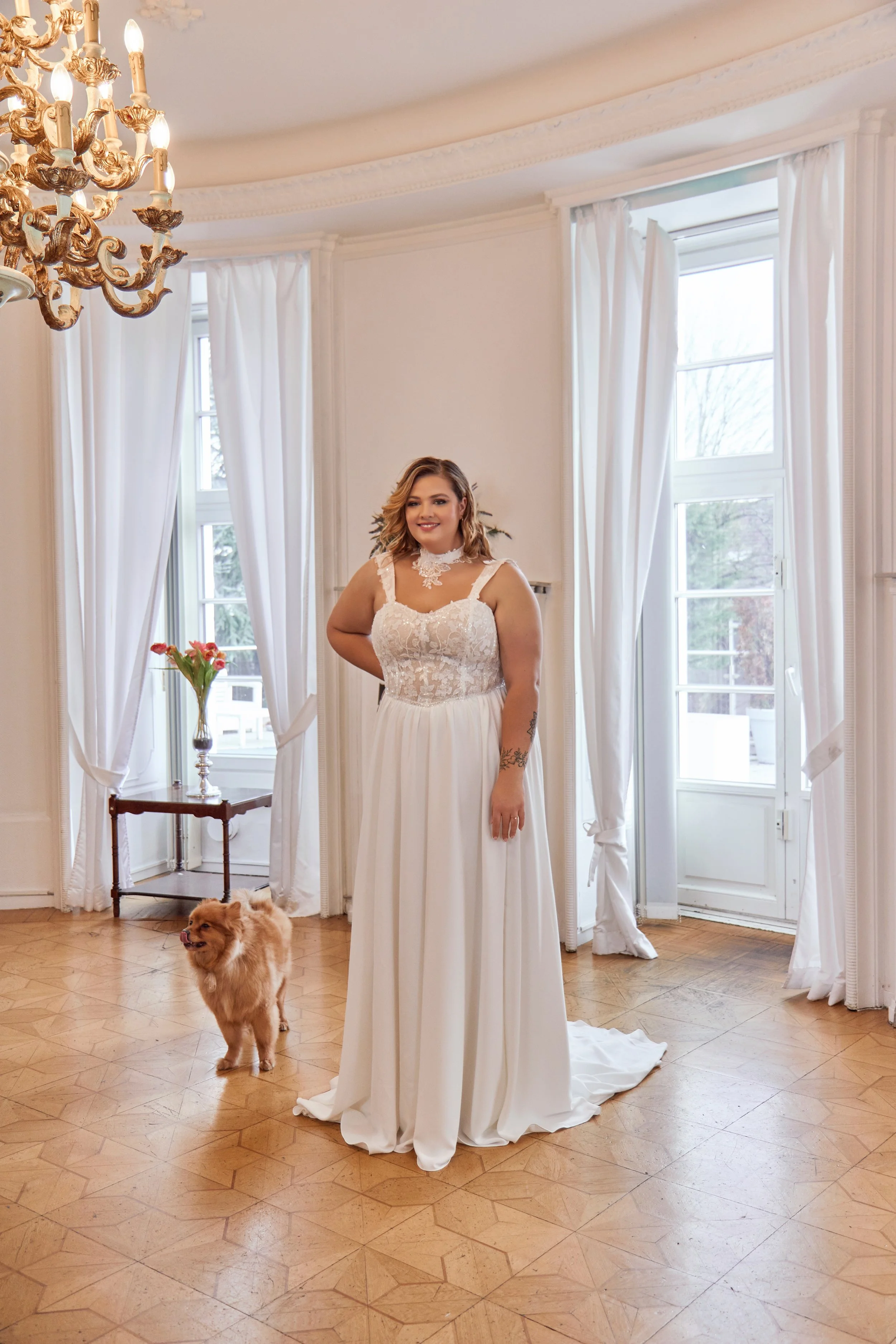 Full-length view of Lia Bella Model Tibby Curvy featuring a fitted lace bodice and softly flowing chiffon A-line skirt.