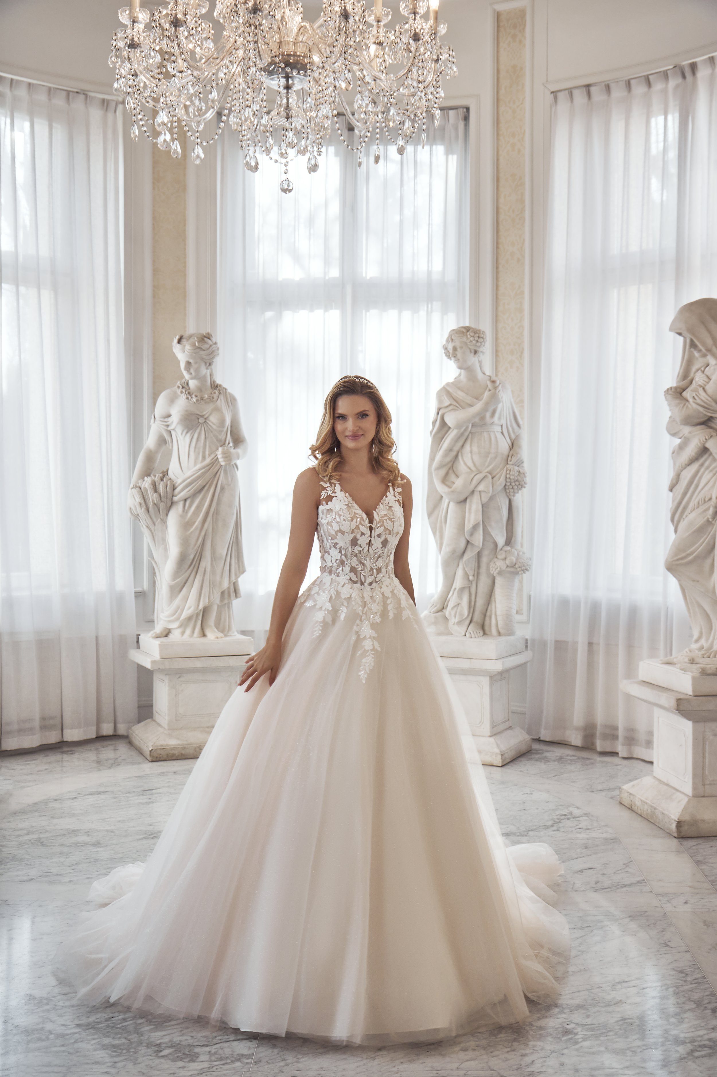 Full front view of Lia Bella Model Tarja, an A-line wedding dress with a plunging V-neckline and floral illusion bodice.