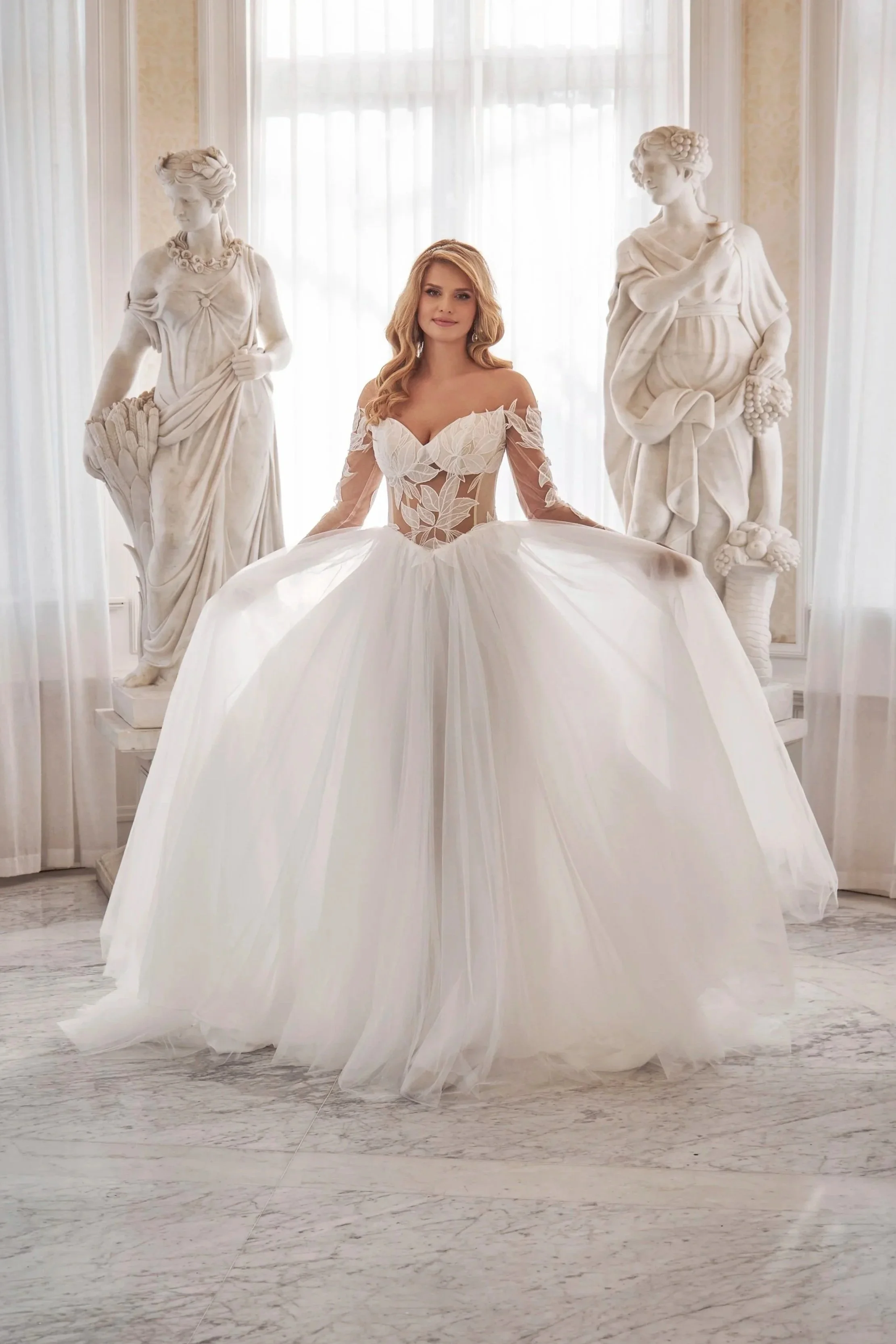Front view of Lia Bella Model Tessa highlighting the voluminous layered tulle skirt and botanical lace corset bodice.