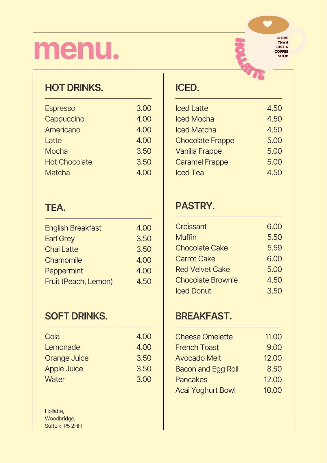 Food menu design for the fictional Hollatte café branding project