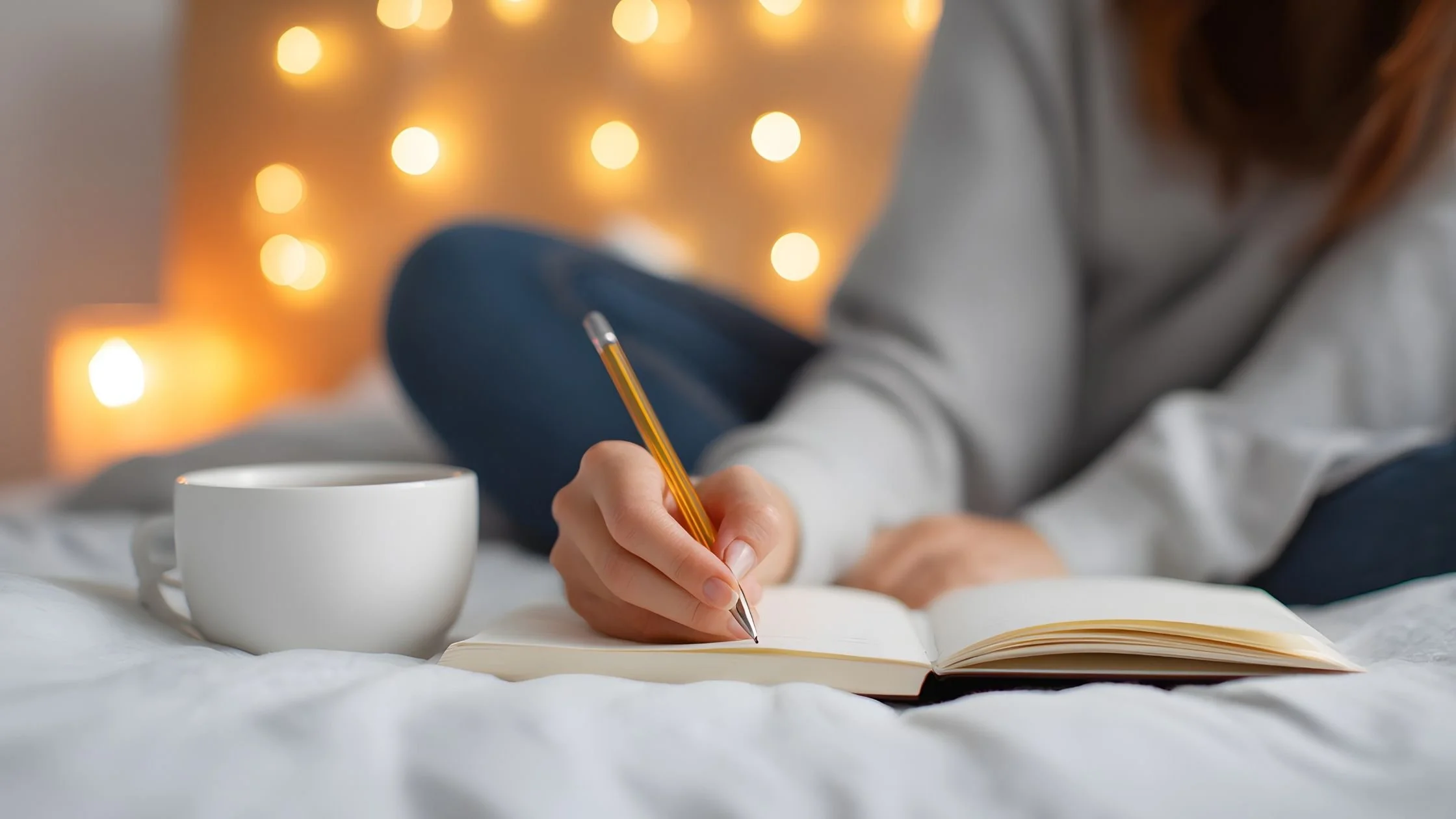 A woman writing in a notebook at a desk, with a cup of coffee beside her and soft twinkling lights in the background.