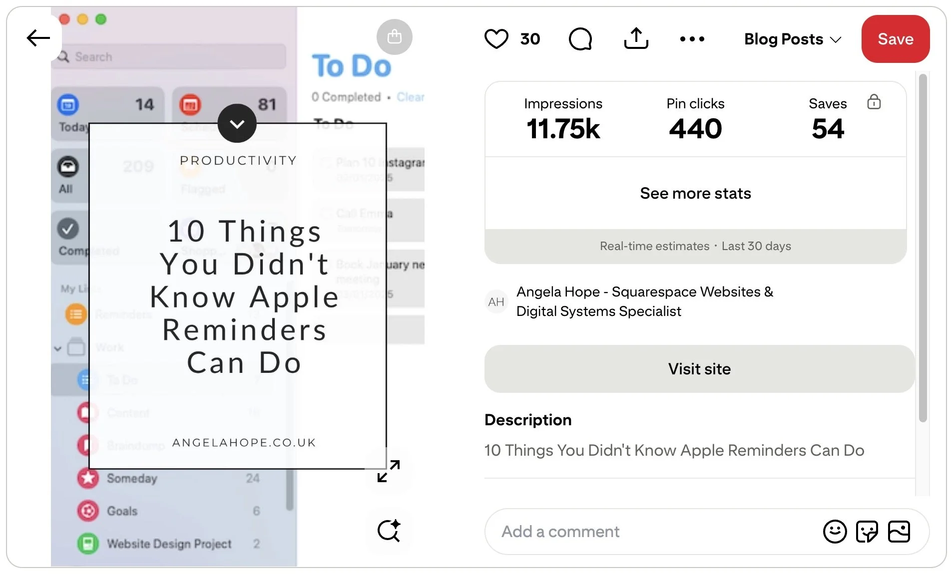 Pinterest analytics showing 11,750 views, 440 clicks and 54 saves for the Apple Reminders blog post Pin over the last 30 days