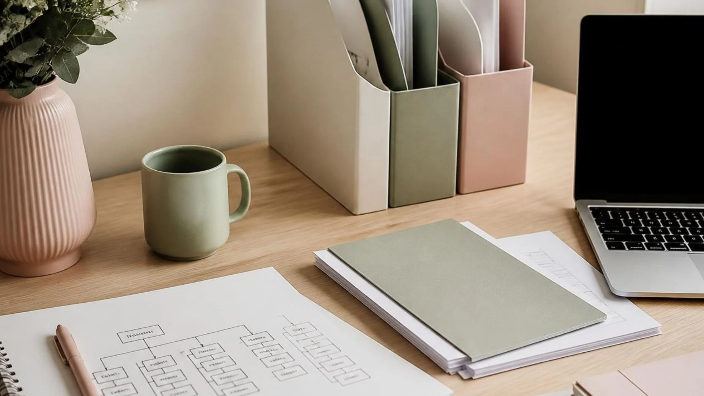 Minimalist workspace with organised papers, a notebook with a website sitemap sketch, and neatly arranged folders representing digital organisation.