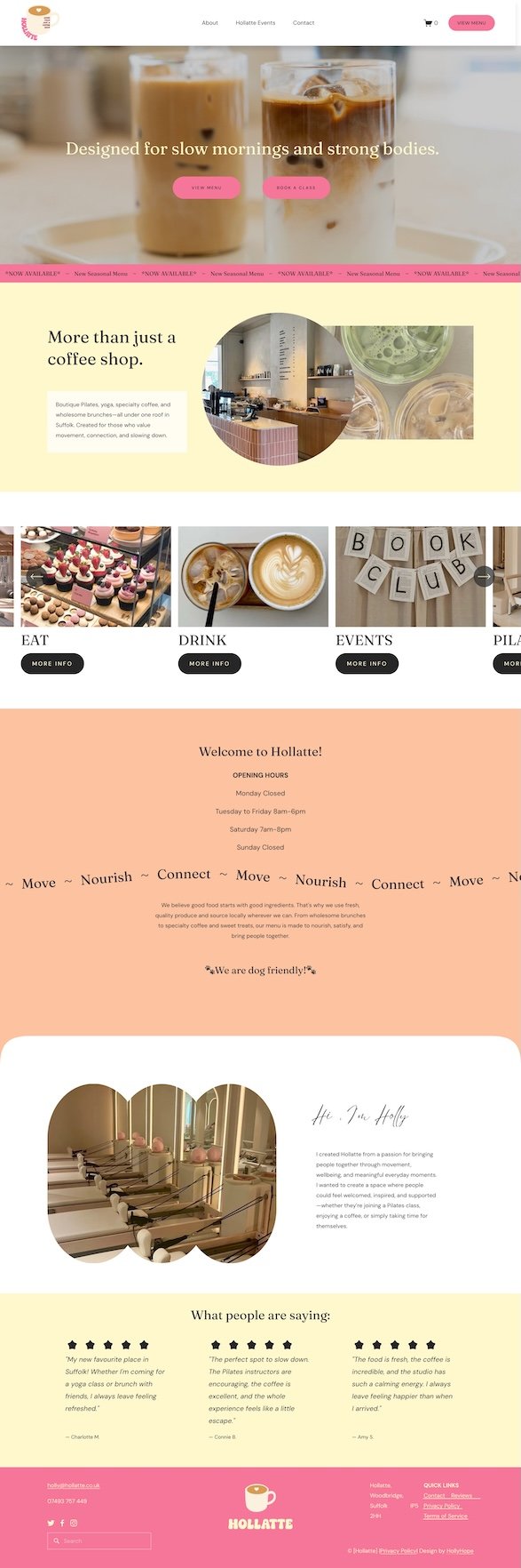 Homepage design for the fictional Hollatte café website created during a work experience project.