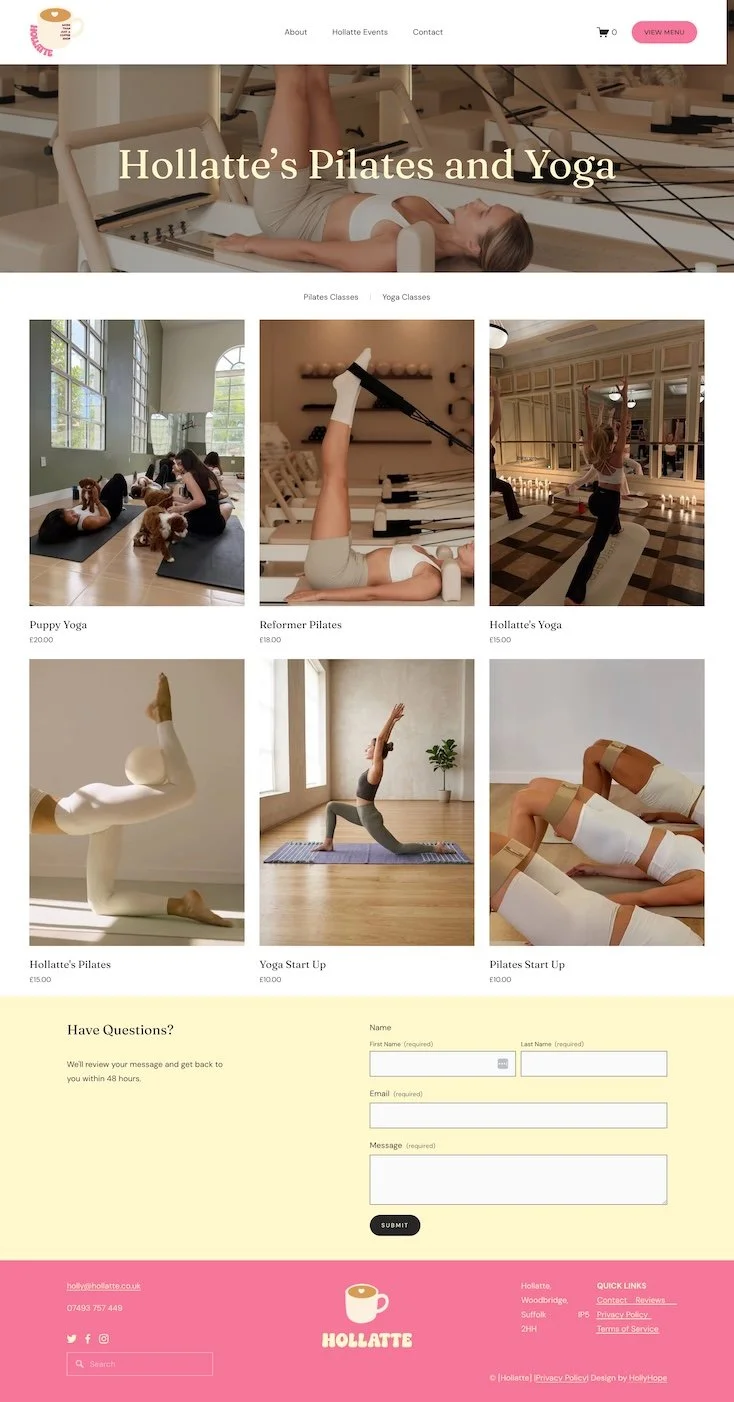 Pilates studio page design for the fictional Hollatte café website created during a work experience project.