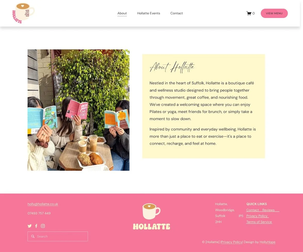 About page design for the fictional Hollatte café website created during a work experience project.