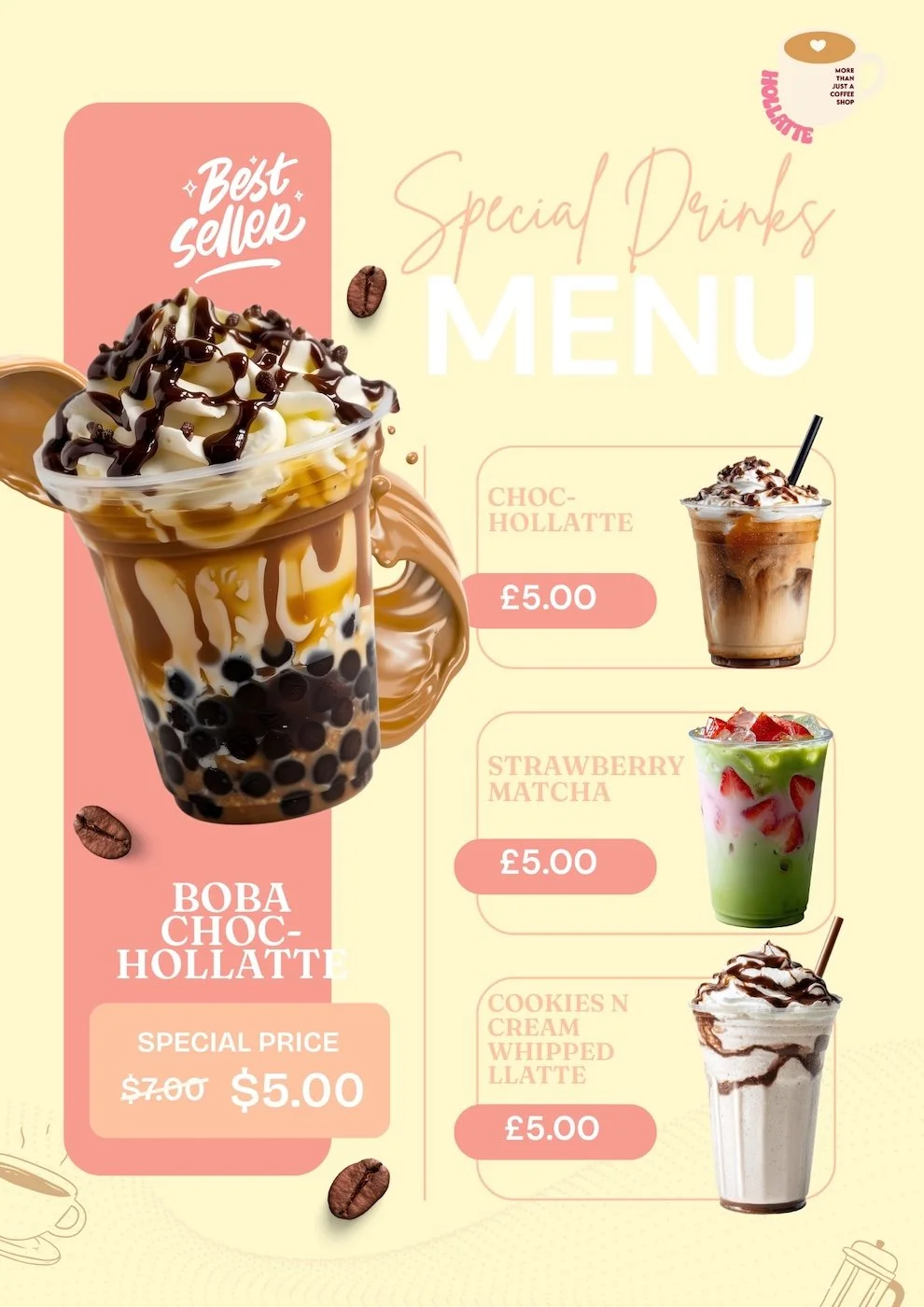 Drink menu design for the fictional Hollatte café branding project.