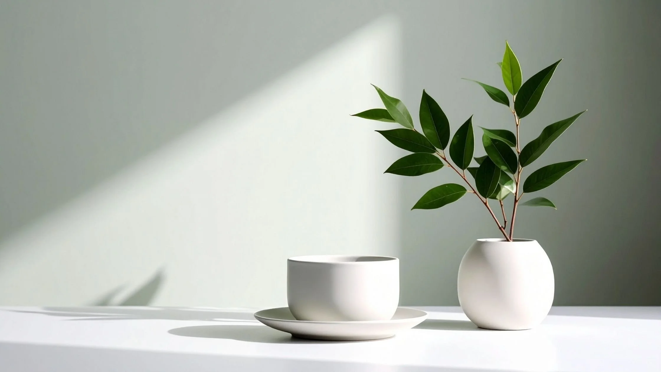 Minimalist workspace with white mug, white vase and green leaves, representing clean and simple website design