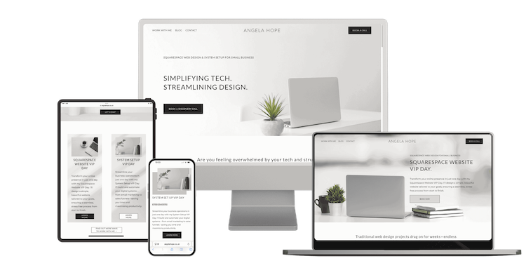 Mockup of Angela Hope’s Squarespace website design on desktop, laptop, tablet and mobile, showing what you need for a Squarespace website.