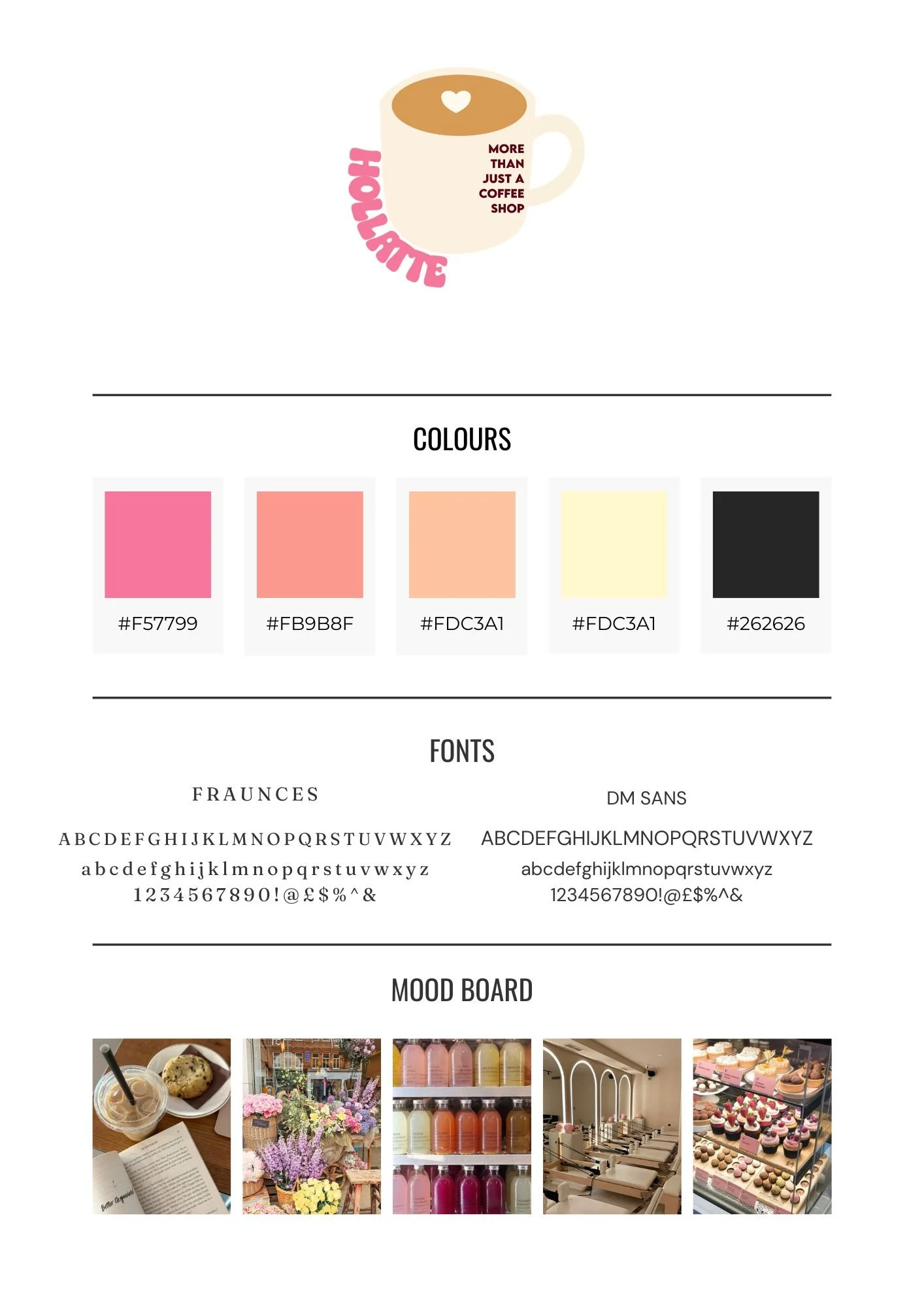 Brand guidelines created for the fictional Hollatte café, including colours, fonts and logo.