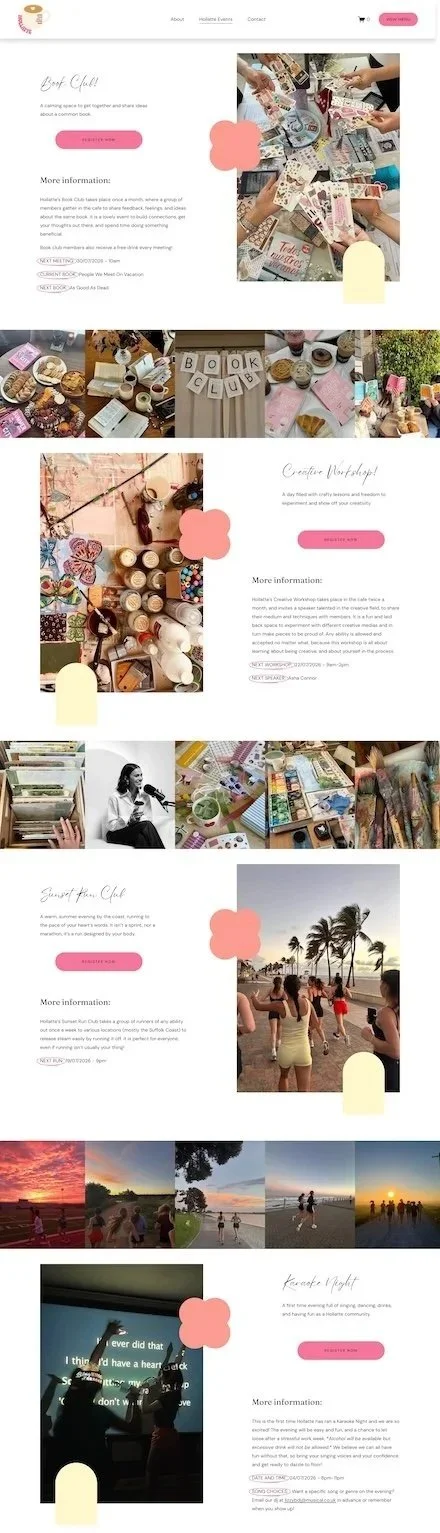 Events page design for the fictional Hollatte café website created during a work experience project.