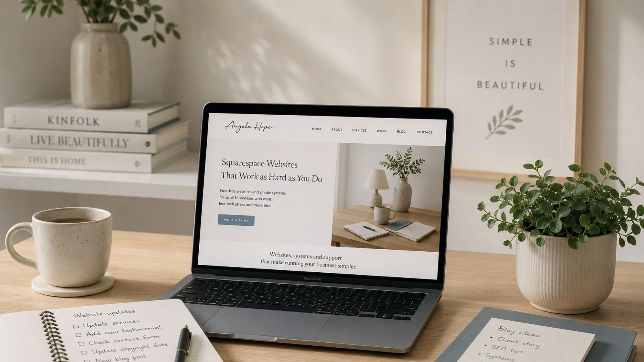 Laptop on a minimalist desk beside a healthy potted plant, illustrating that websites need regular care and updates after launch