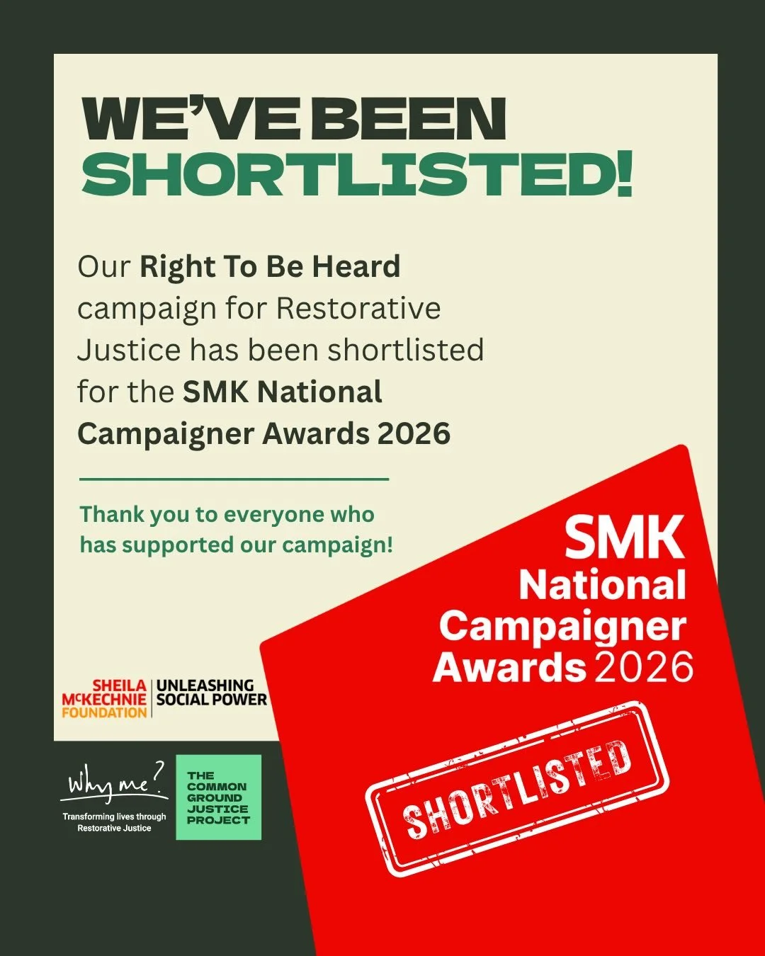 🥳 We&rsquo;re incredibly proud to share that our Right to Be Heard campaign has been shortlisted for the @smkcampaigners National Campaigner Awards 2026 🏆

Created in partnership with @whymeuk, this was our first major &lsquo;common ground&rsquo; c