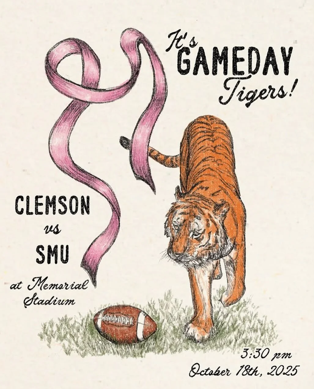 Probably should&rsquo;ve posted this a while ago (whoops) but it&rsquo;s been a while since I&rsquo;ve posted a @tigertowngraphics illustration! This one is a favorite game day post that I worked on over the summer 🩷🏈