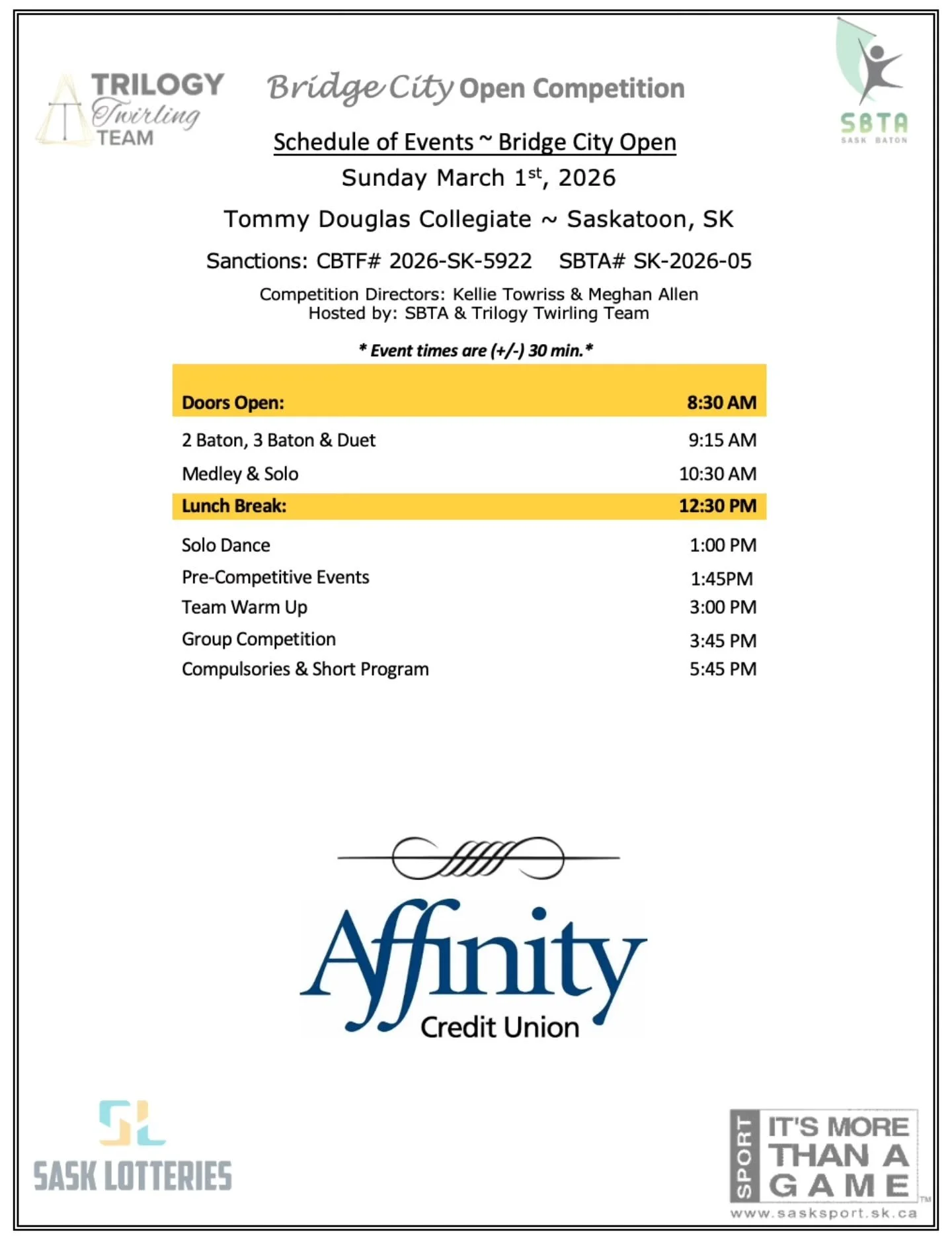 Here we go!! Our first Provincial Competition of the year is on SUNDAY March 1st in Saskatoon and hosted by @trilogytwirlingteam 🖤🤍. Admission is FREE! Let's pack the stands for the group events and cheer on all of our athletes! See you there!

@tr