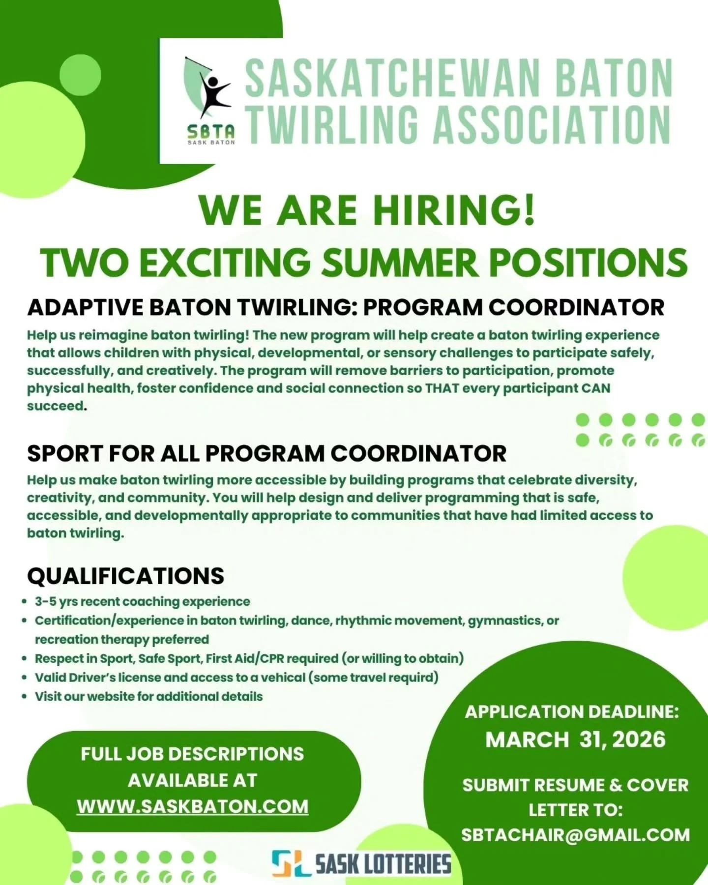 💚WE ARE HIRING! 💚 We are excited to announce our 2️⃣ summer job positions! Please visit our website for the full job descriptions and application details. 

https://www.saskbaton.com/news

🗓️ Application deadline: March 31, 2026

@phoenixbaton @tr