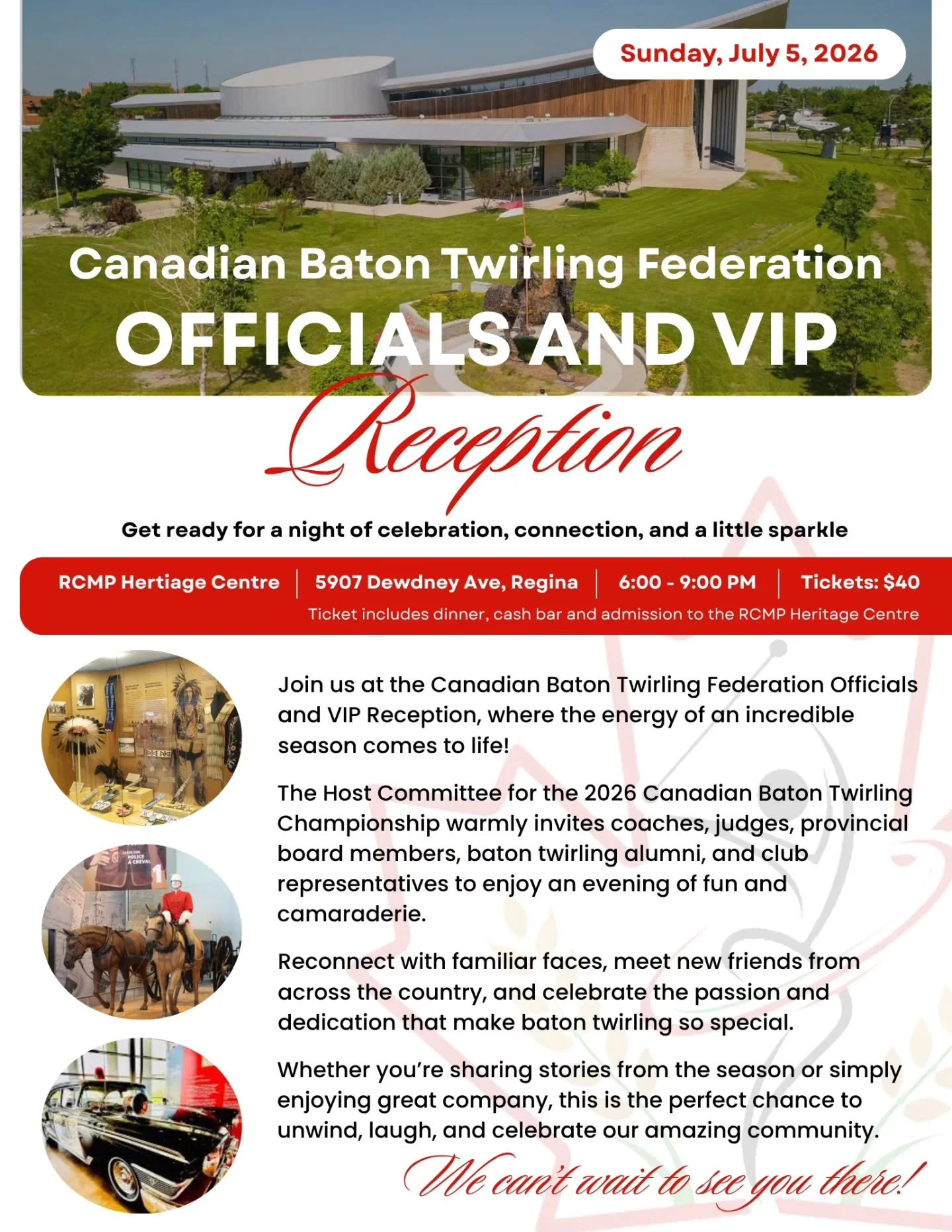 Ne sure to  get your ticket for the Canadian Baton Twirling Federation Officials and VIP Reception! &hearts;️

All coaches, judges and adjudicators, provincial board members, club representatives &amp; baton twirling alumni are welcome to attend! See