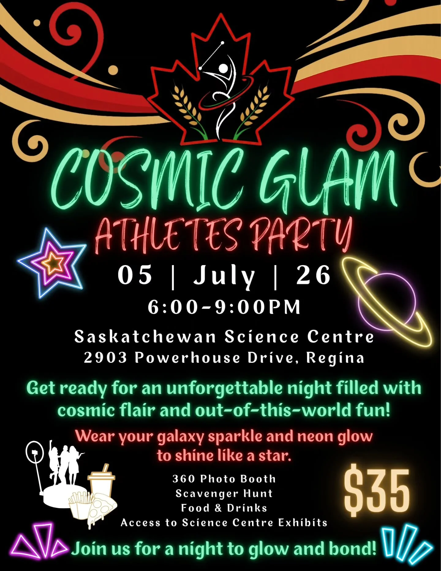 Be sure you have your registration in today for Canadians and that you have signed up for the Cosmic Glam Athletes Party! ✨🌌. Join us for a night to glow and bond! Be sure to register for the party when you fill in the Canadian's Registration Form t