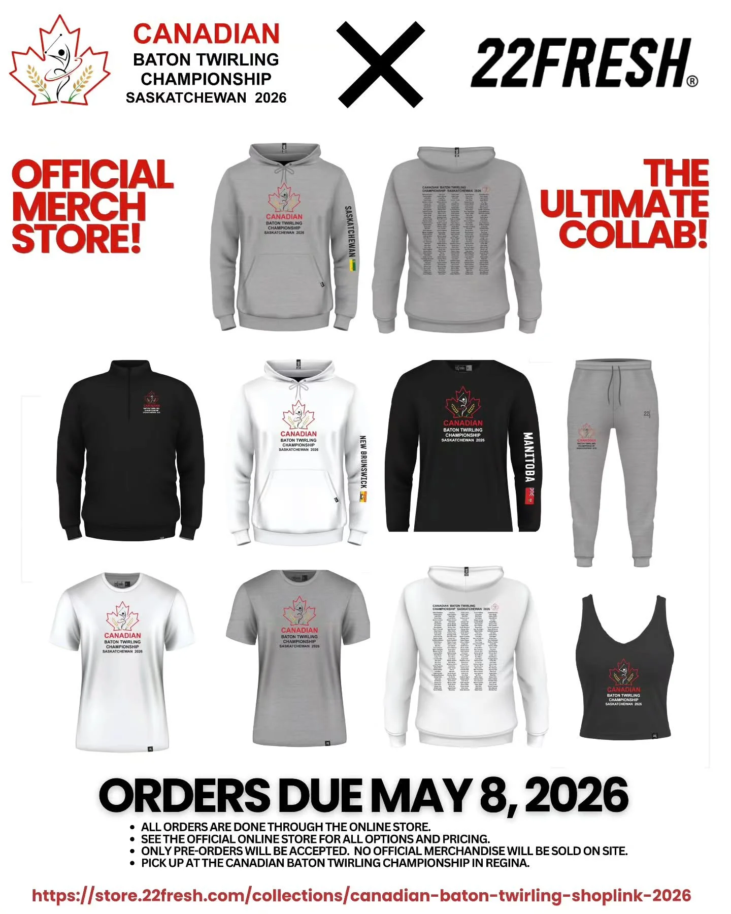 Only 4 days left to order!!! Check out the link in our bio!

The 2026 Canadian Baton Twirling Championship 🇨🇦 is thrilled to announce their collaboration with Regina-based, internationally-recognized, premium streetwear and sportswear brand @22fres