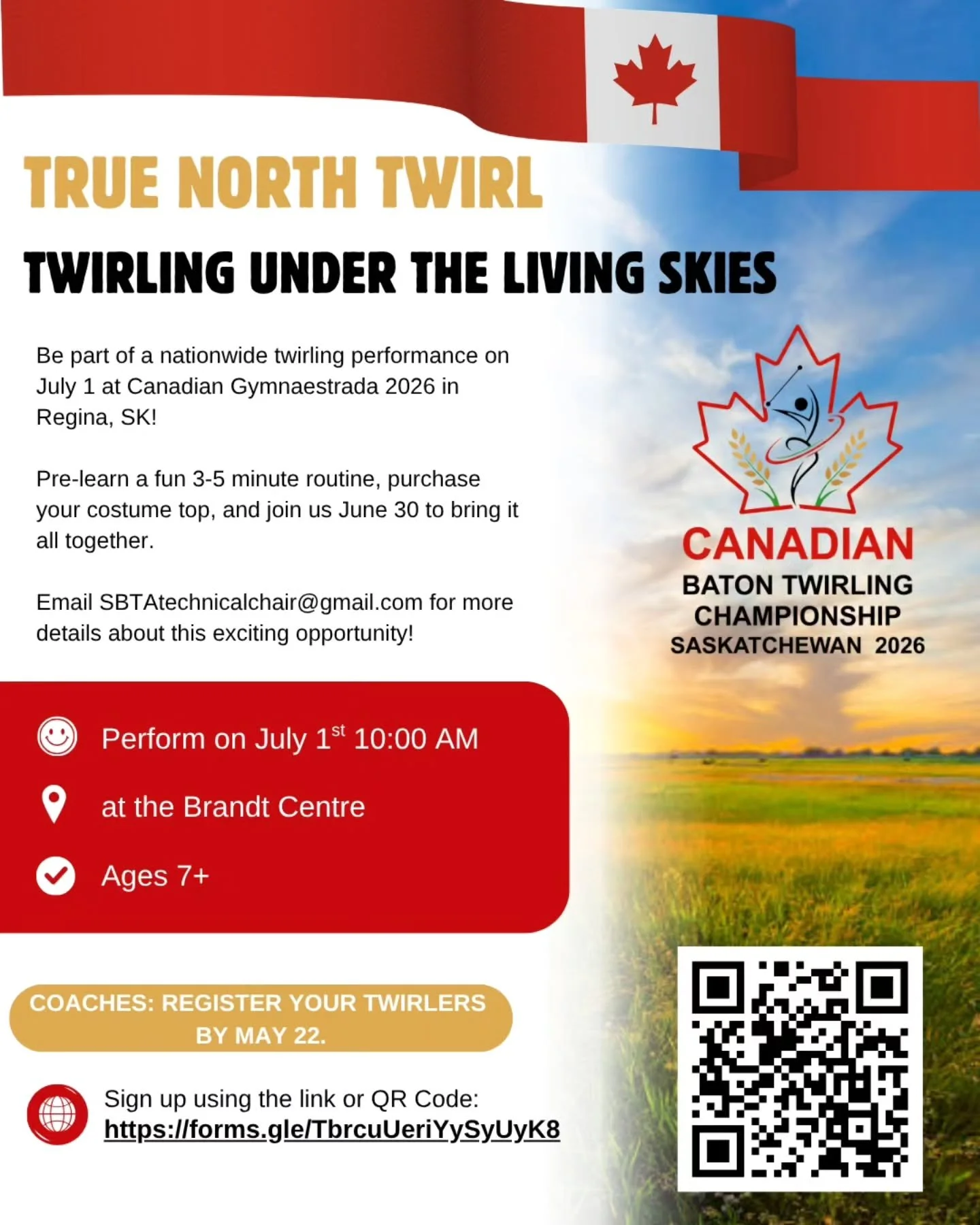 Sign up by May 22!! Perform with us at the Opening Ceremony of the Canadian Gymnaestrada 2026! This is a unique opportunity to showcase our sport on another national stage as we take the floor at the Brandt Centre (home of the WHL Regina Pats) on Jul