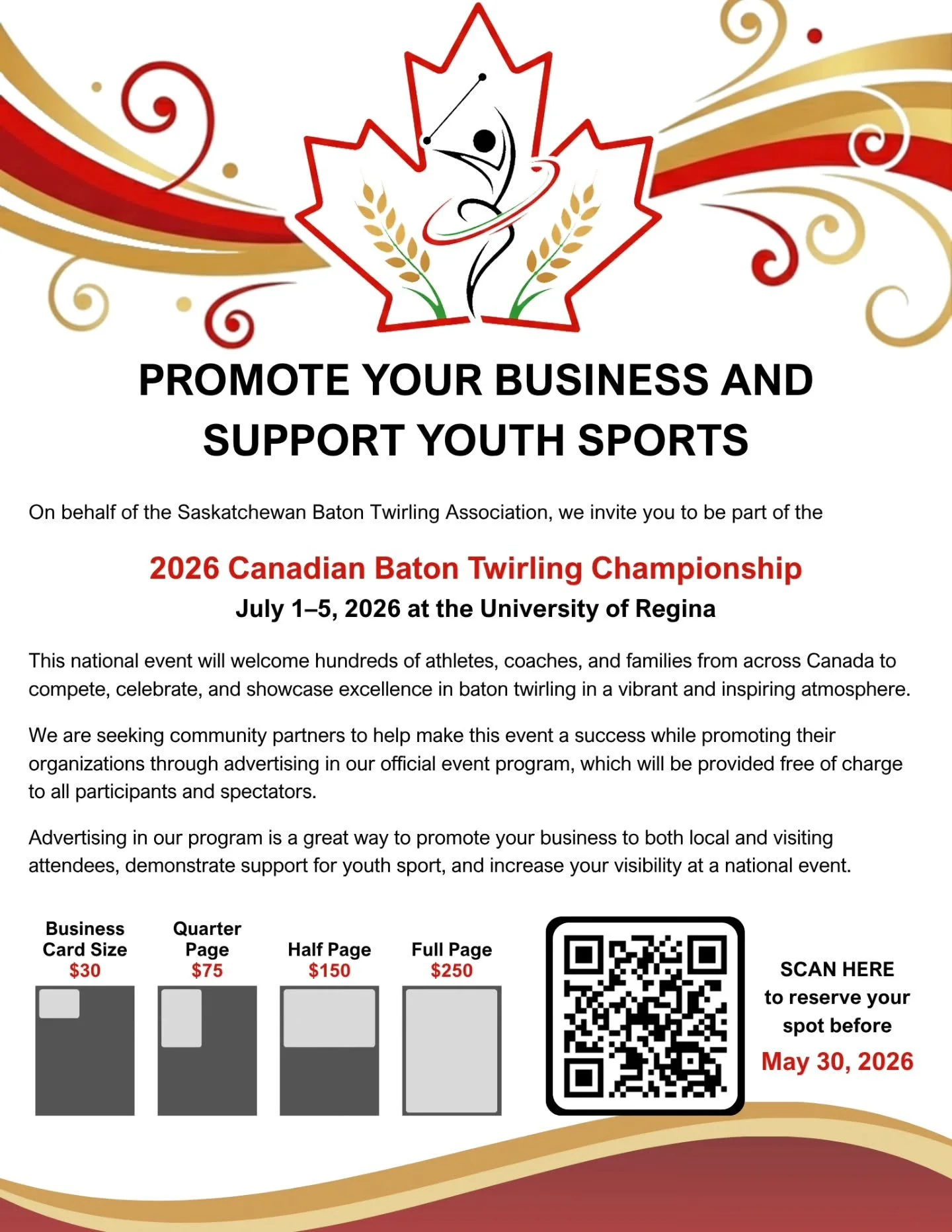 Promote your business and support youth sports!! Thank you in advance! Ad expect over 250 athletes to be attending the Canadian Baton Twirling Championship July 1-5, 2026 in Regina! please Share!

https://form.jotform.com/260804417352251
