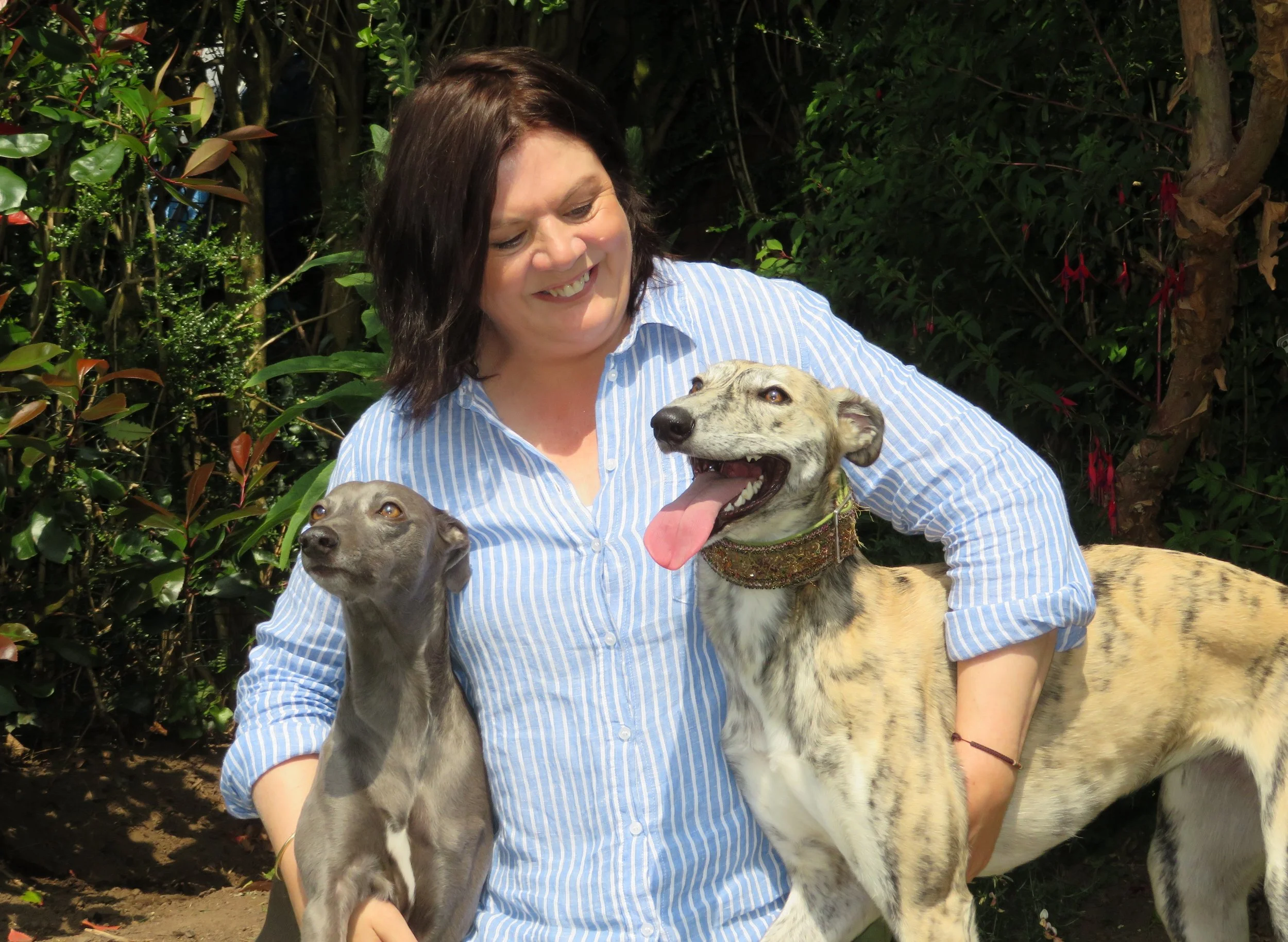 A woman smiling and holding two dogs, one brown and one gray, in front of green foliage.