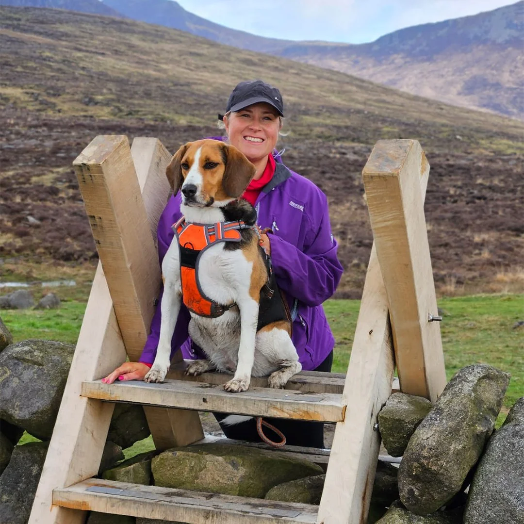 A woman in a purple jacket standing behind a dog wearing an orange harness on a wooden stile, with a mountainous landscape in the background.