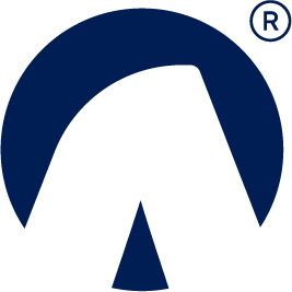 A logo with a dark blue circle background and a stylized white mountain shape in the center, with a registered trademark symbol.