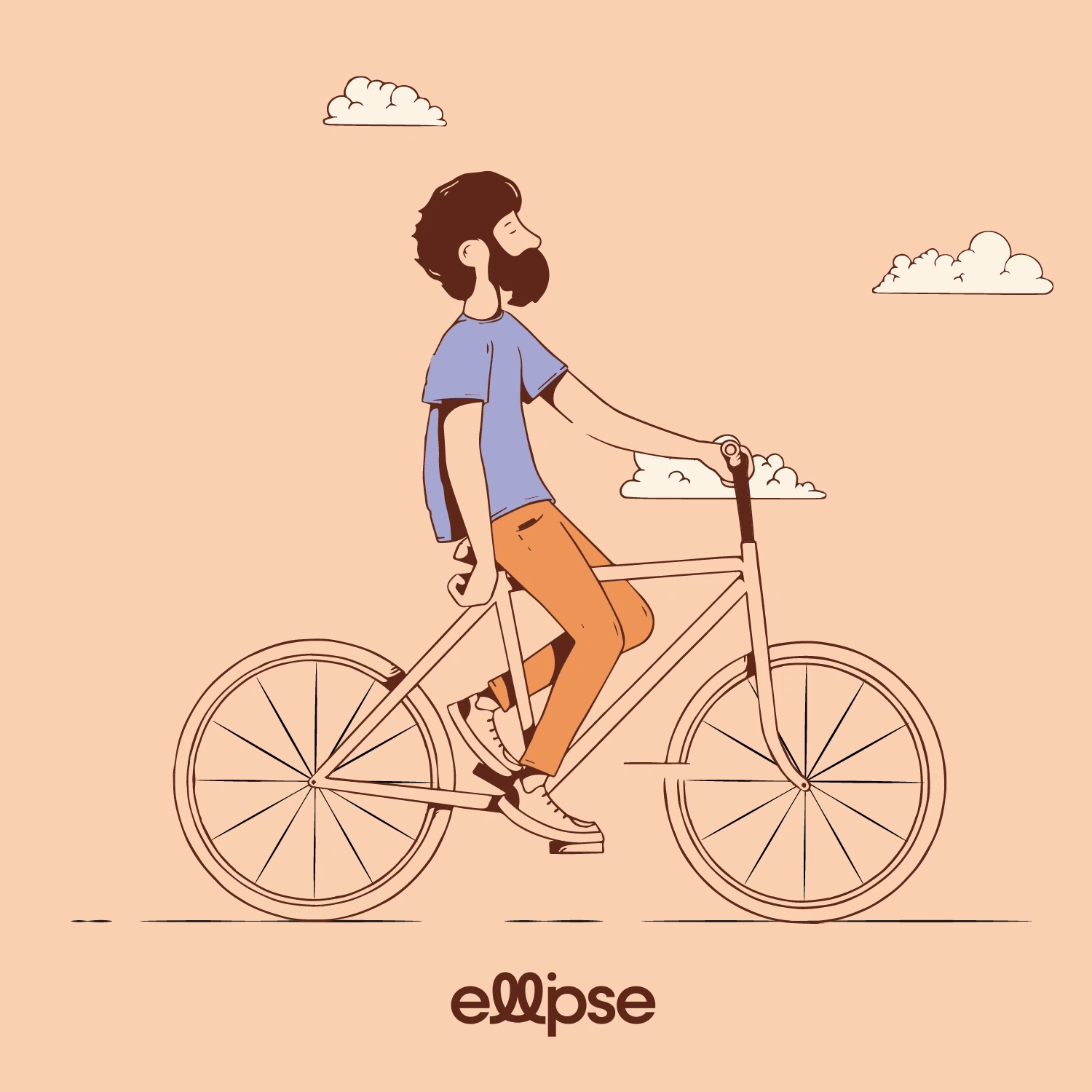 A man with a beard and long hair riding a pink bicycle with a relaxed expression against a peach background with clouds and the word 'ellipse' at the bottom.
