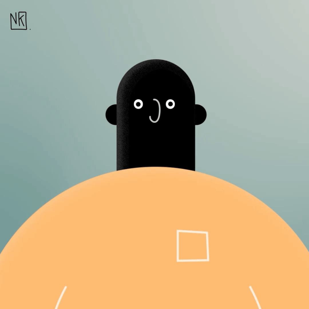 A minimalist illustration of a character with a black face, white eyes, small ears, and a simple smile, standing behind a large, orange, rounded object with a white square outline on it against a muted background.
