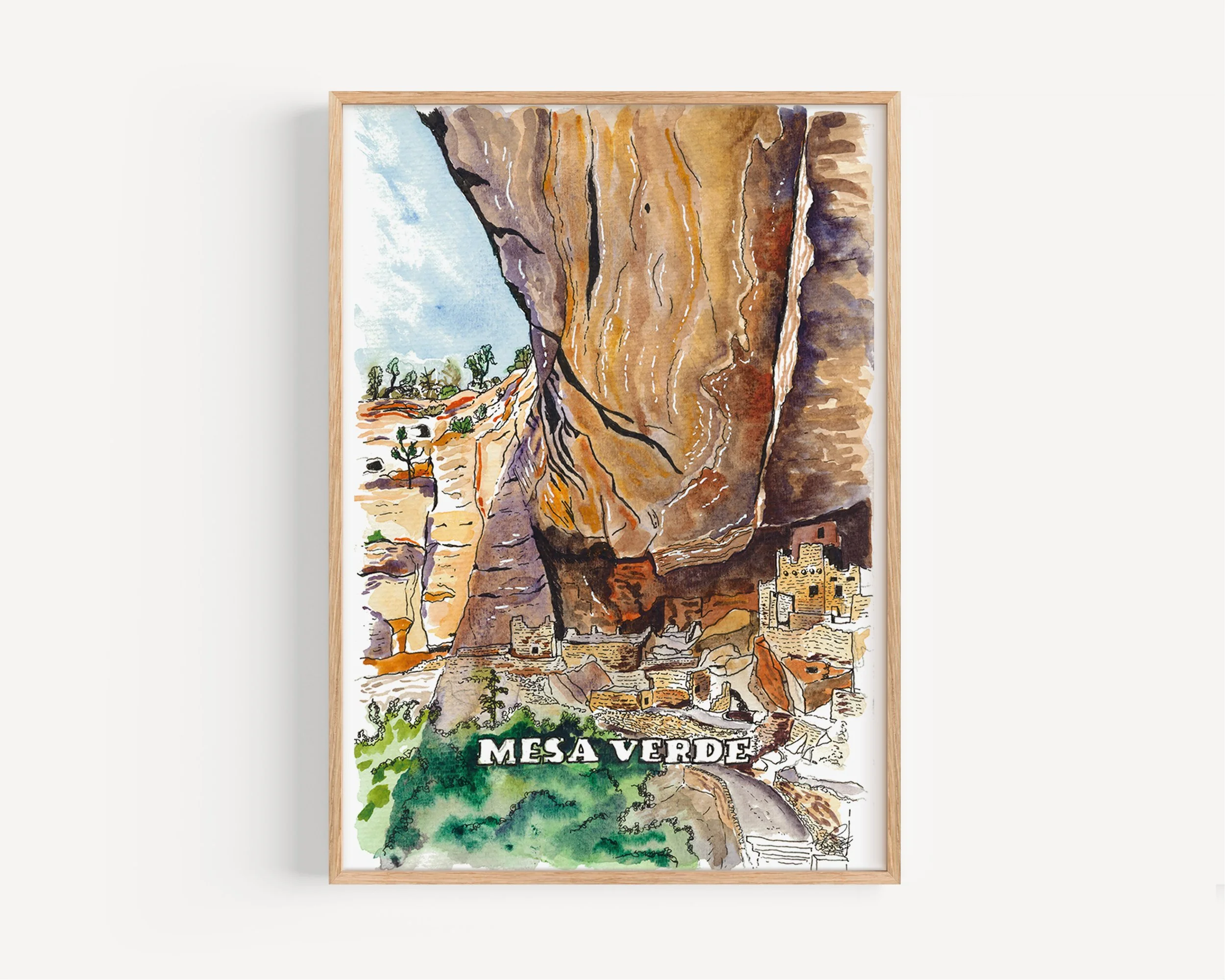 Mesa Verde Cliff Dwellings Watercolor Illustration